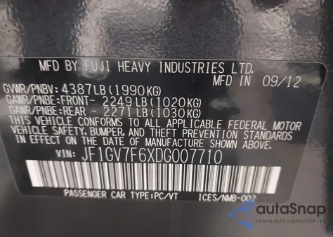 2013 Subaru Impreza Wrx Premium from USA, damaged, VIN JF1GV7F6XDG007710